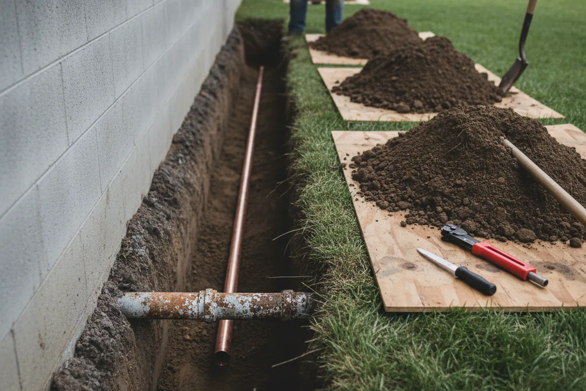 Excavated water line trench during Water Softener Installation in Laurel Bloomery